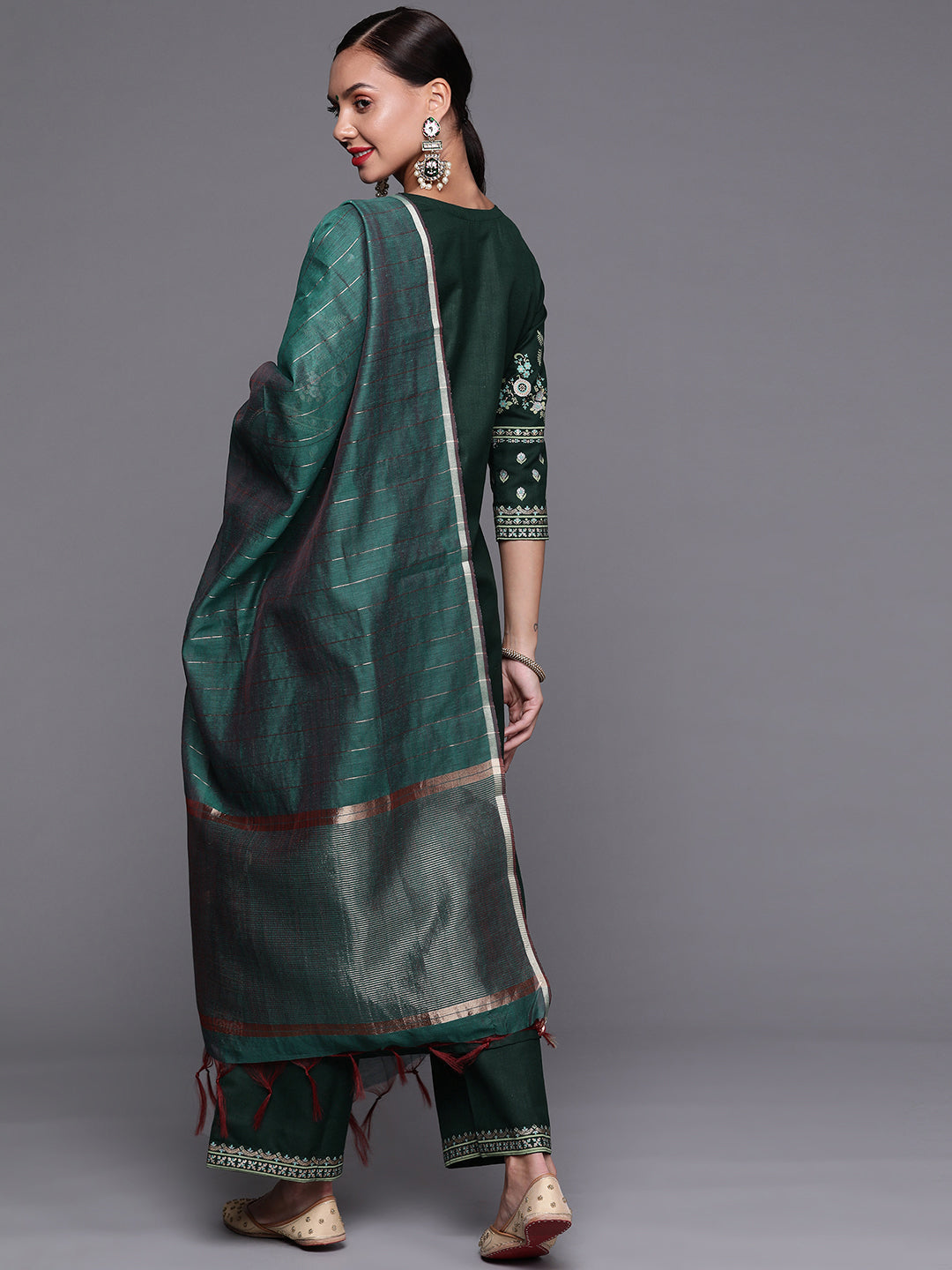 Indo Era Green Foil Printed Straight Kurta Palazzo With Dupatta Set