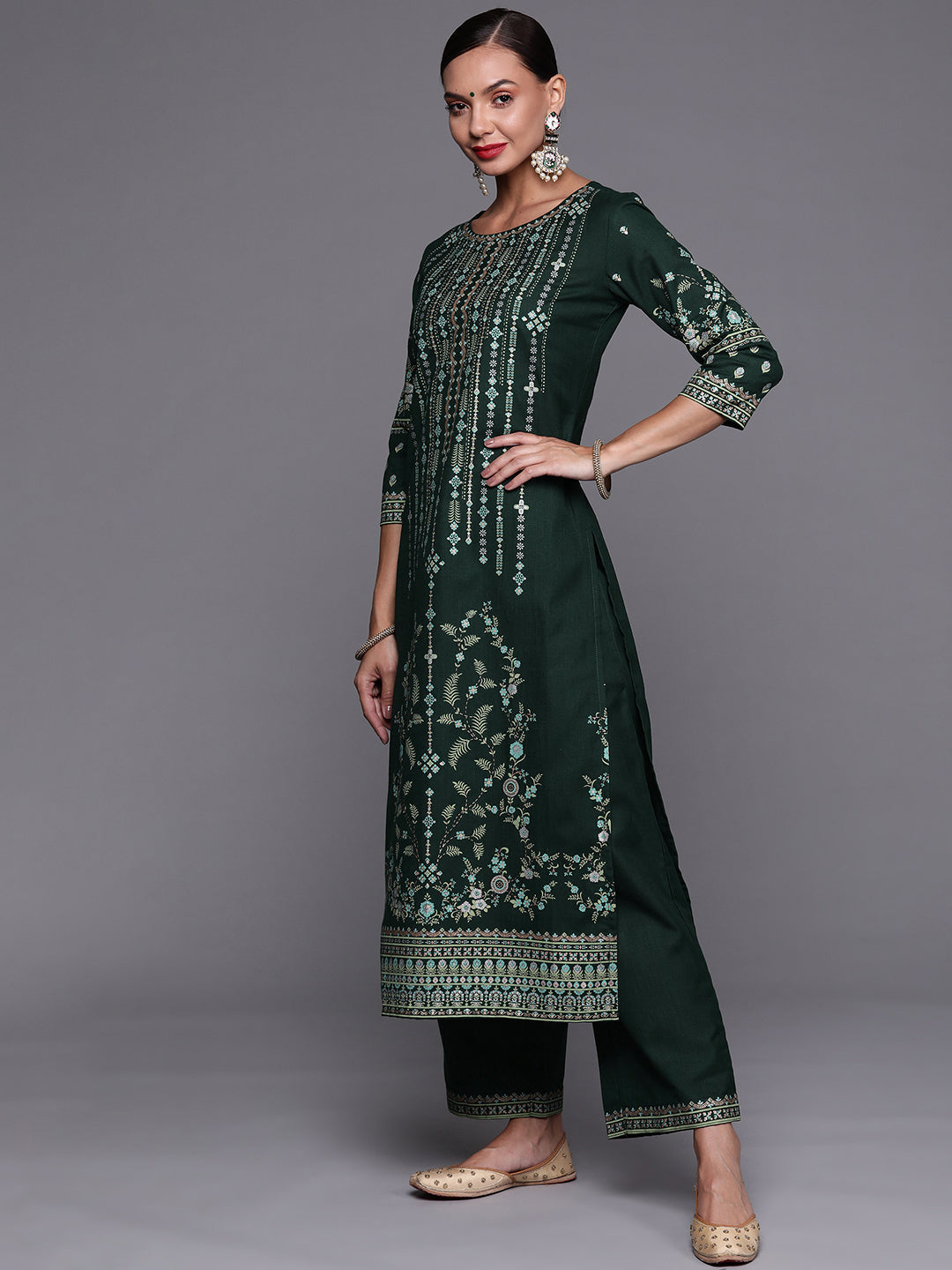 Indo Era Green Foil Printed Straight Kurta Palazzo With Dupatta Set
