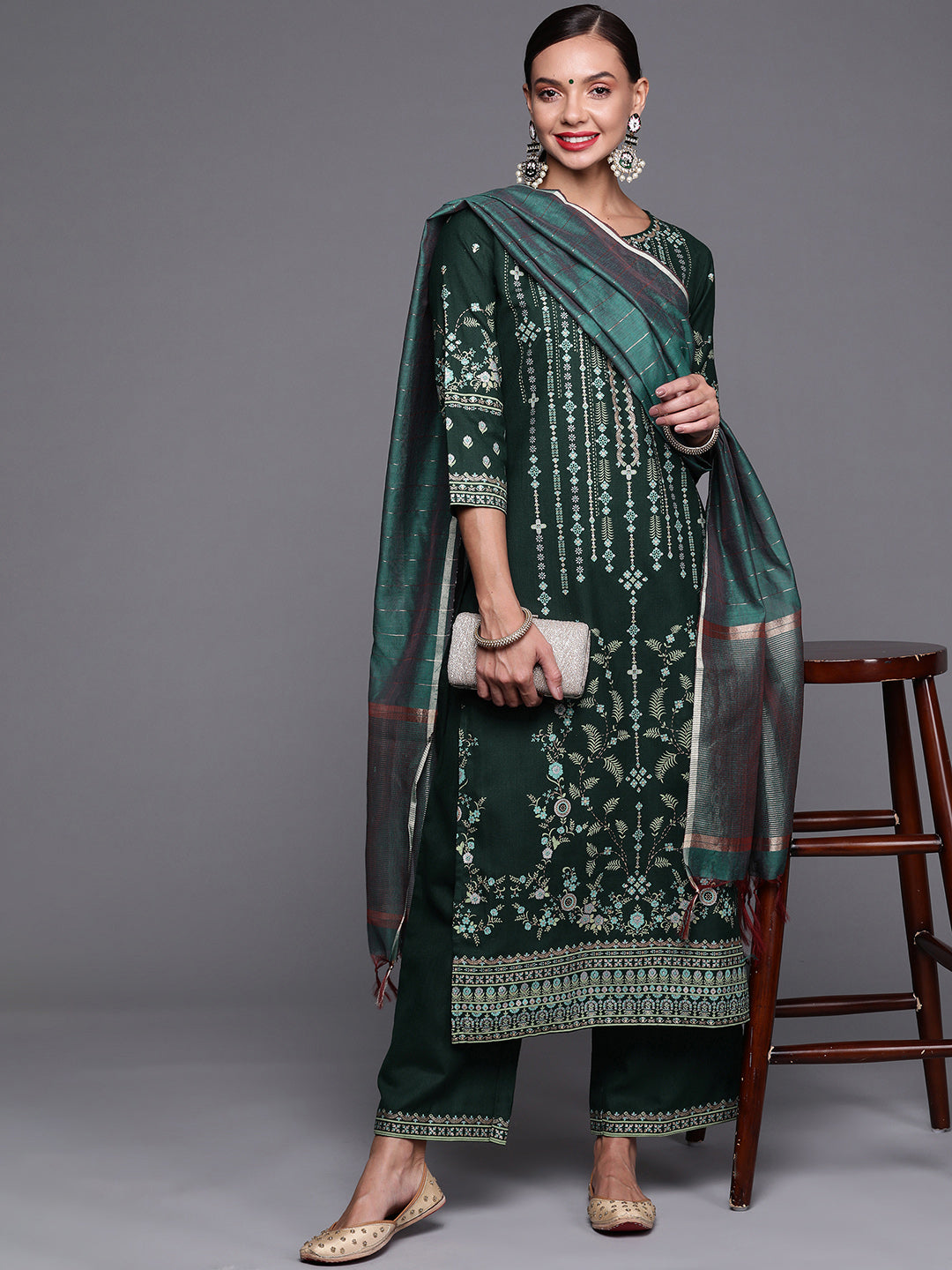 Indo Era Green Foil Printed Straight Kurta Palazzo With Dupatta Set