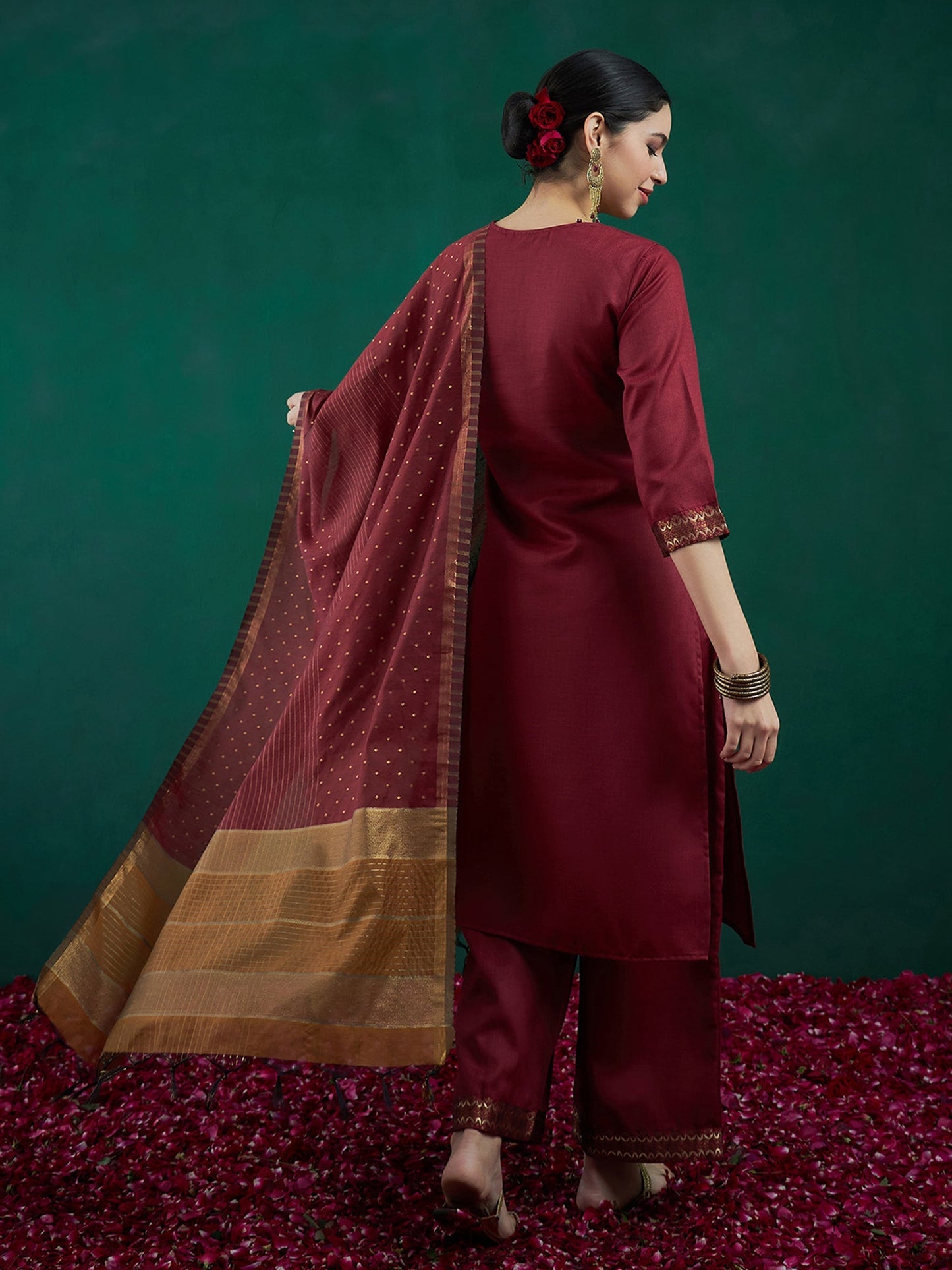 Maroon Woven Design Straight Kurta Trousers With Dupatta set