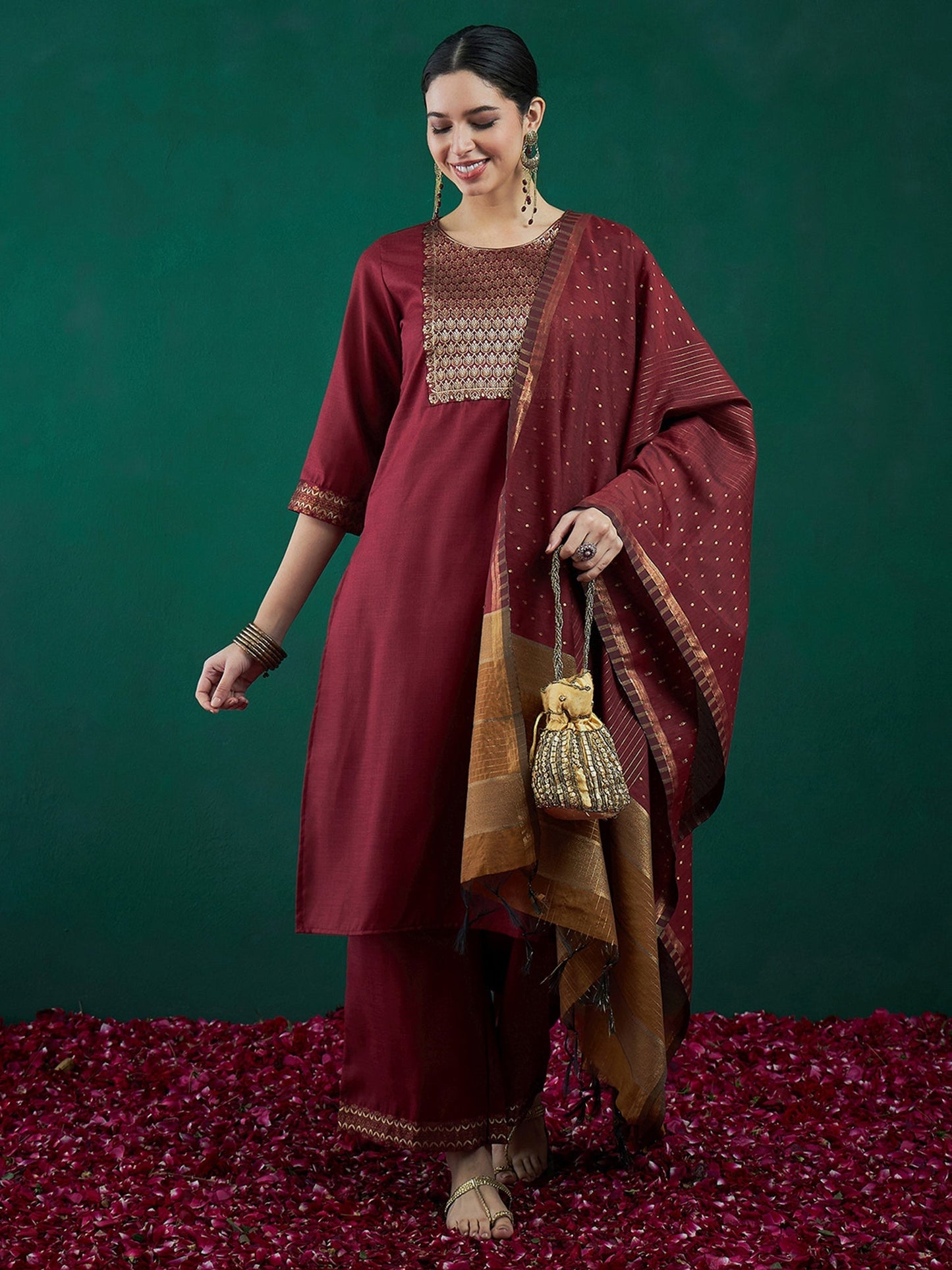 Maroon Woven Design Straight Kurta Trousers With Dupatta set