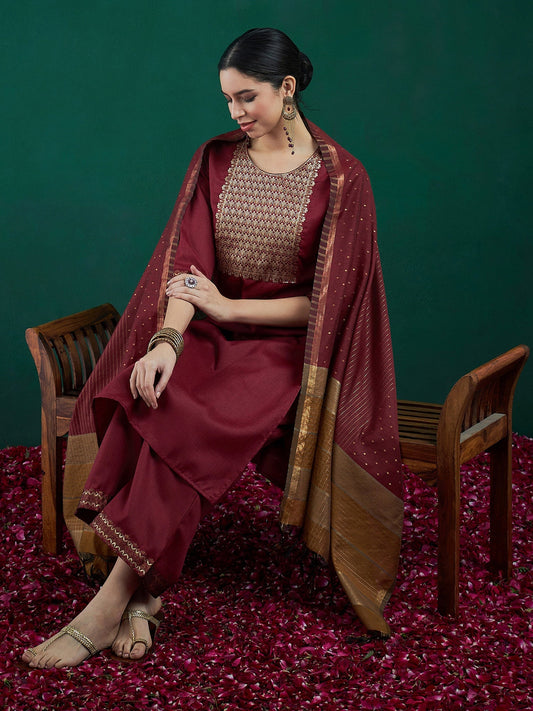 Maroon Woven Design Straight Kurta Trousers With Dupatta set