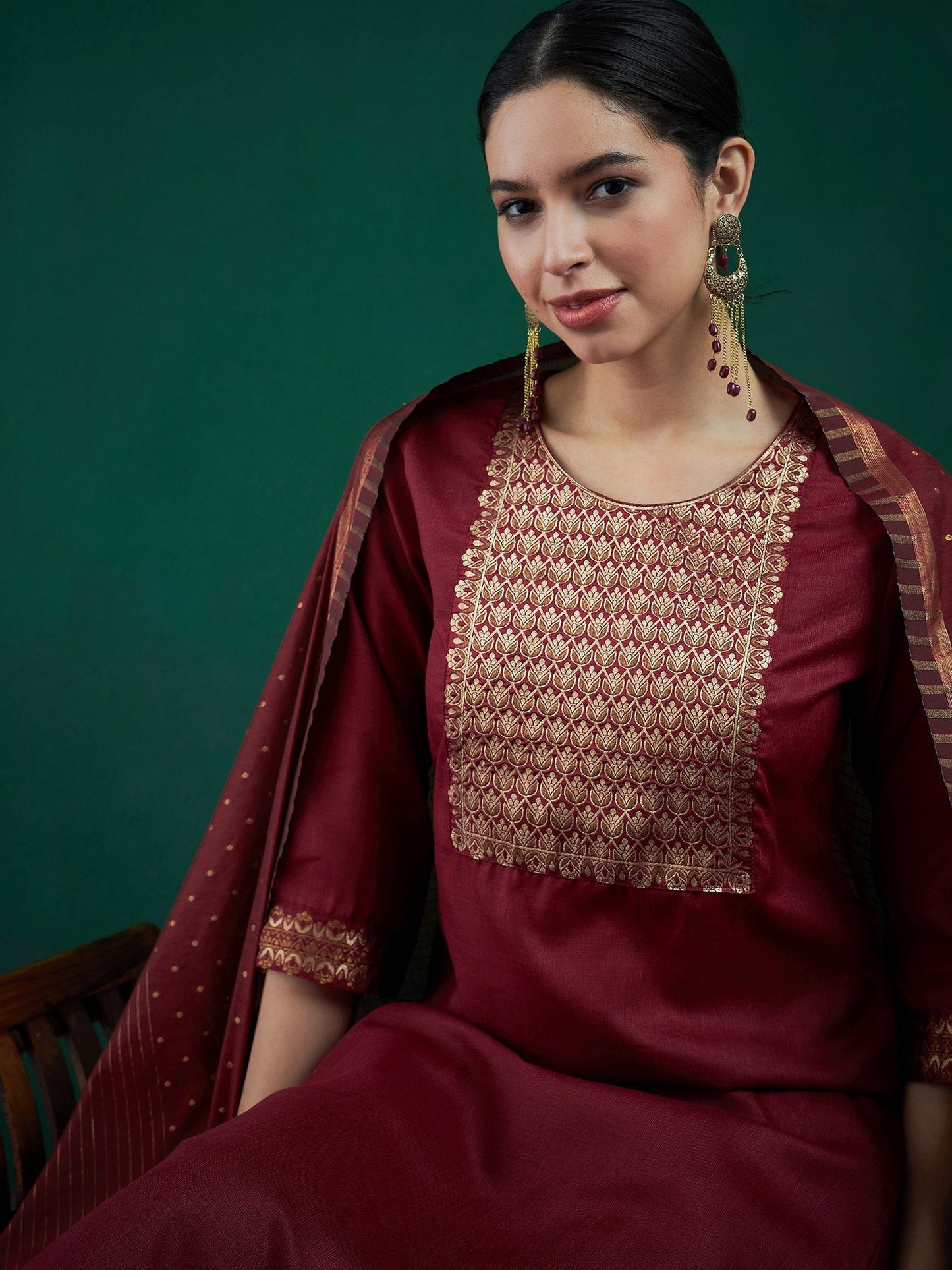Maroon Woven Design Straight Kurta Trousers With Dupatta set