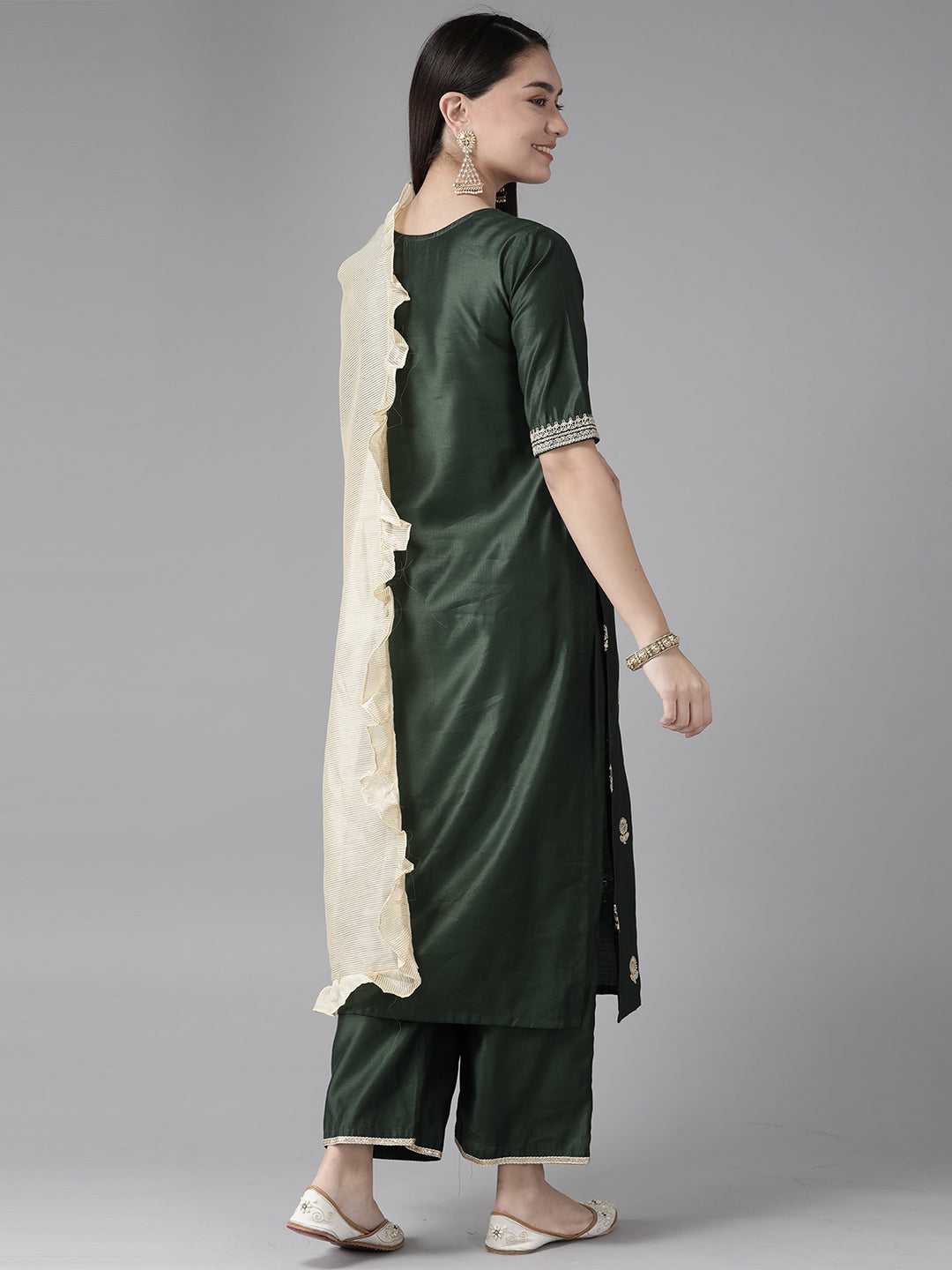 Indo Era Bottle Green Embroidered Straight Kurta Trouser With Dupatta Set