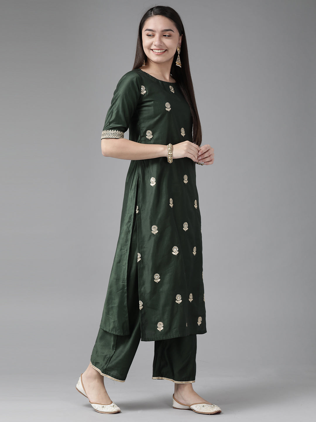 Indo Era Bottle Green Embroidered Straight Kurta Trouser With Dupatta Set