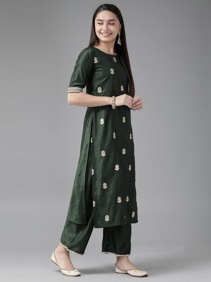 Indo Era Bottle Green Embroidered Straight Kurta Trouser With Dupatta Set