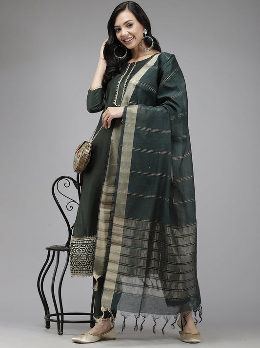 Indo Era Green Solid Straight Kurta Trouser With Dupatta Set