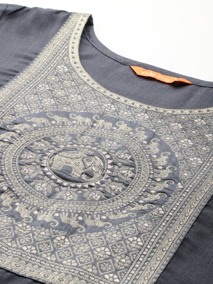 Indo Era Grey Yoke Design Straight Kurta Trousers With Dupatta set