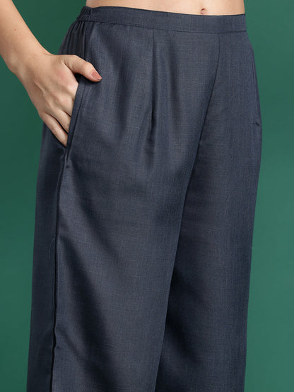 Indo Era Grey Yoke Design Straight Kurta Trousers With Dupatta set