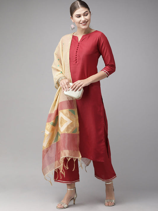 Maroon Solid Straight Kurta Palazzo With Dupatta Set