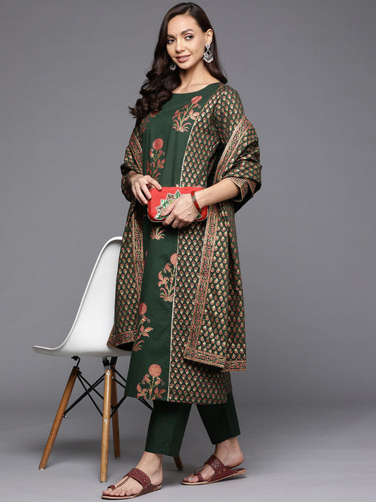 Indo Era Bottle Green Printed Straight Kurta Trouser With Dupatta Set
