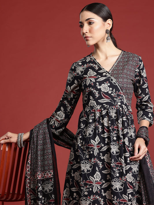 Indo Era Black Printed A-Line Kurta Trousers With Dupatta Set