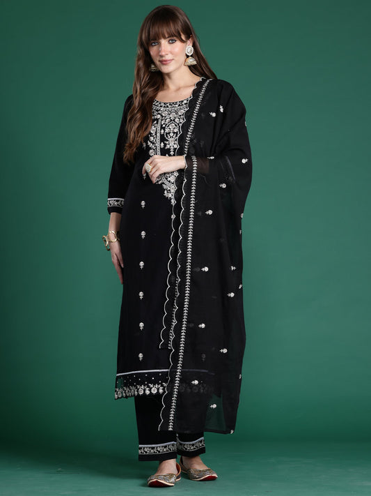 Black Embroidered Straight Kurta Trousers With Dupatta Set