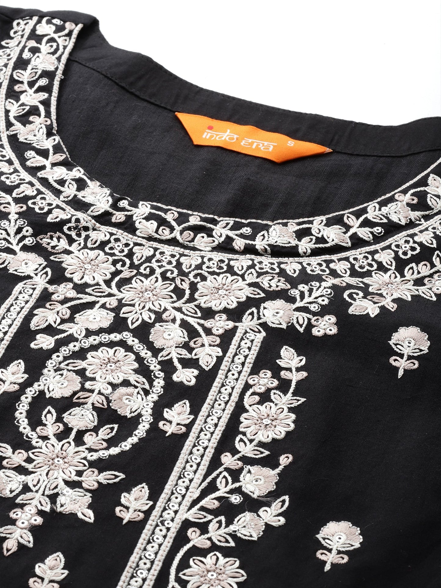 Black Embroidered Straight Kurta Trousers With Dupatta Set