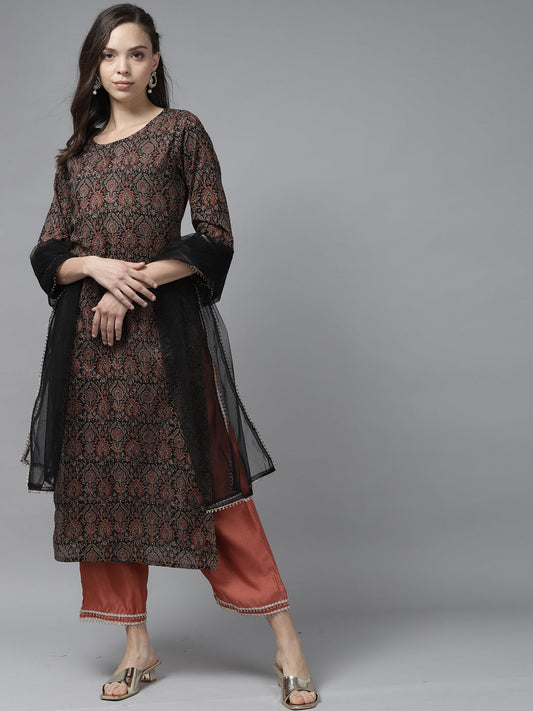 Indo Era Black Printed Straight Kurta Palazzo With Dupatta Set