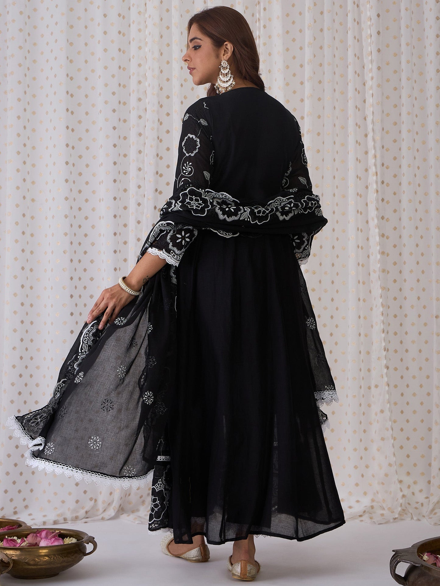 Indo Era Black Embroidered Anarkali Kurta Trousers With Dupatta set