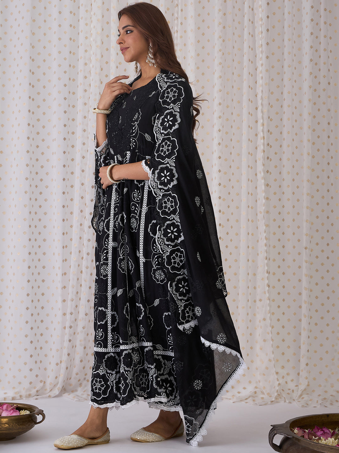 Indo Era Black Embroidered Anarkali Kurta Trousers With Dupatta set
