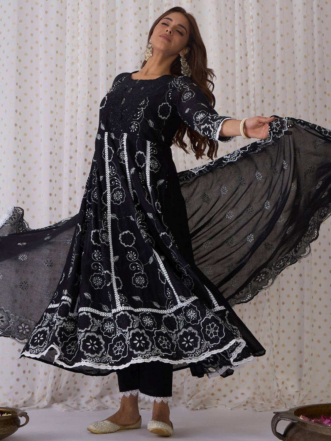 Indo Era Black Embroidered Anarkali Kurta Trousers With Dupatta set