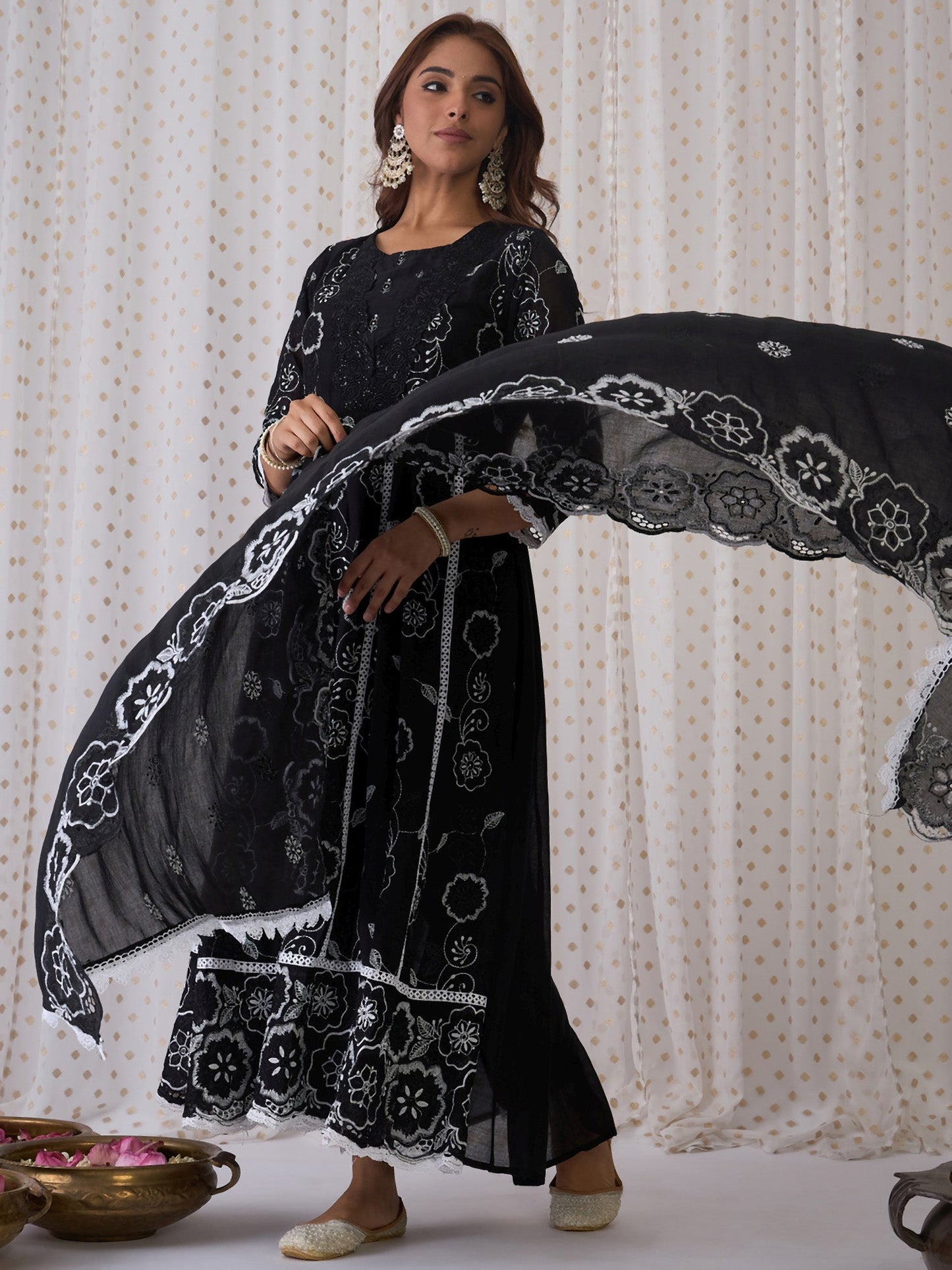 Indo Era Black Embroidered Anarkali Kurta Trousers With Dupatta set