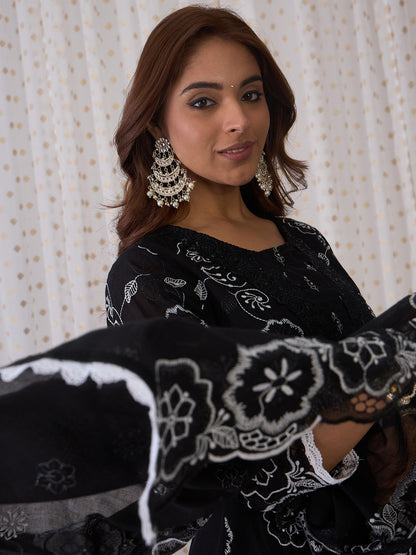 Indo Era Black Embroidered Anarkali Kurta Trousers With Dupatta set