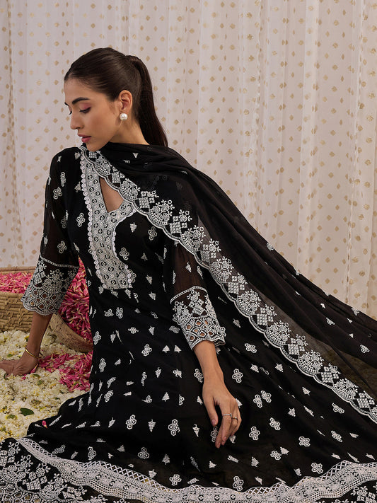 Indo Era Black Embroidered Straight Kurta Trousers With Dupatta set