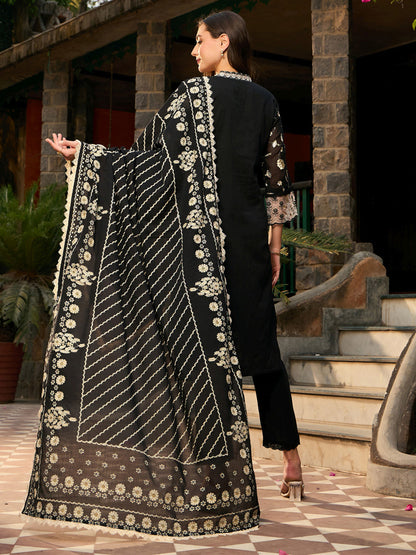 Indo Era Black Embroidered Straight Kurta Trousers With Dupatta set