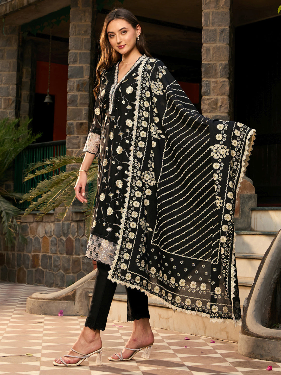 Indo Era Black Embroidered Straight Kurta Trousers With Dupatta set