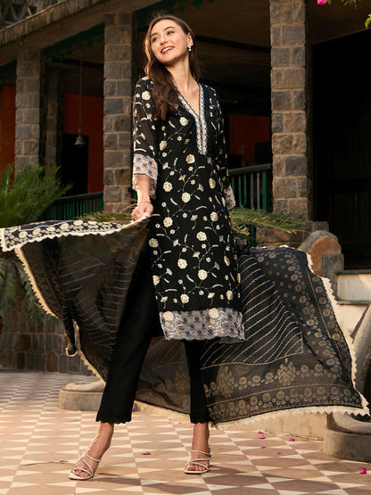 Indo Era Black Embroidered Straight Kurta Trousers With Dupatta set