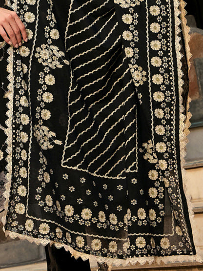 Indo Era Black Embroidered Straight Kurta Trousers With Dupatta set