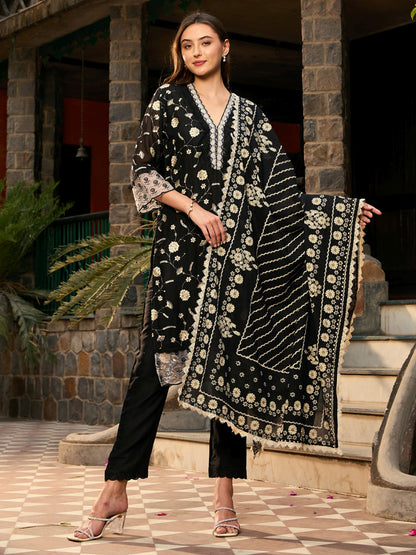 Indo Era Black Embroidered Straight Kurta Trousers With Dupatta set