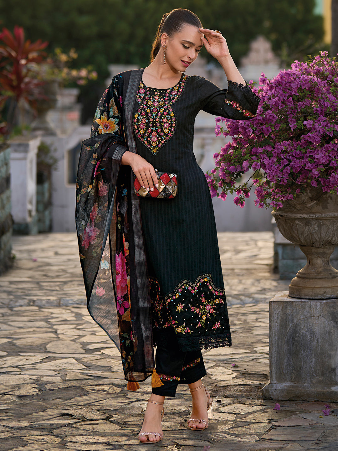Indo Era Black Embroidered Straight Kurta Trousers With Dupatta set