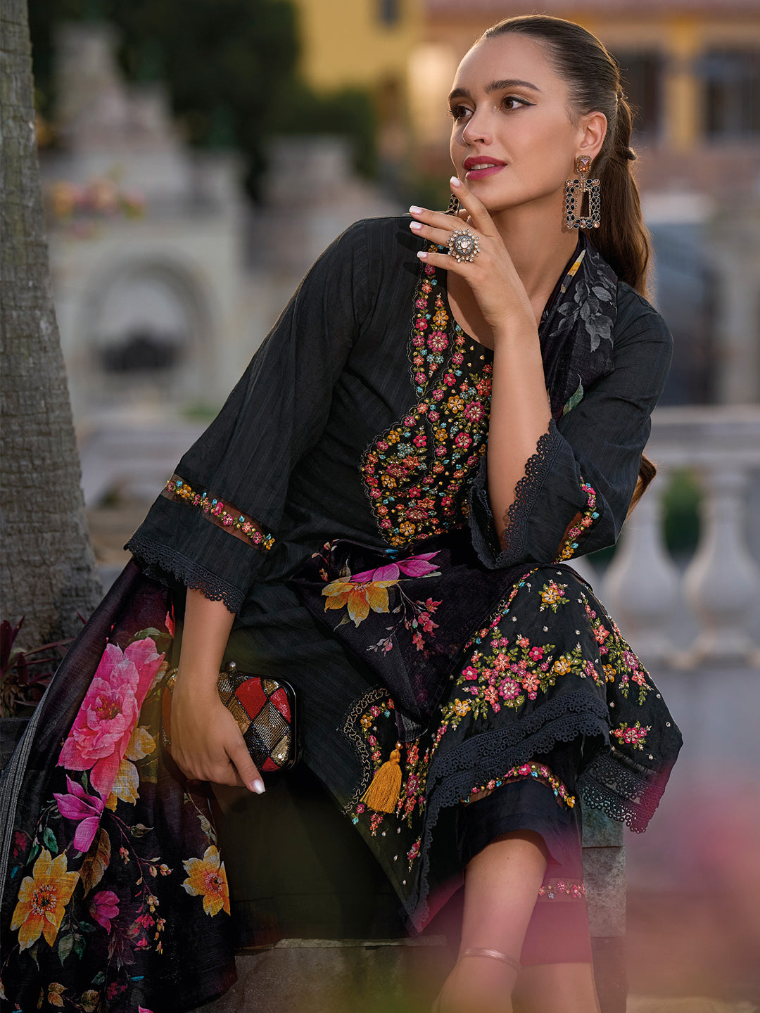 Indo Era Black Embroidered Straight Kurta Trousers With Dupatta set