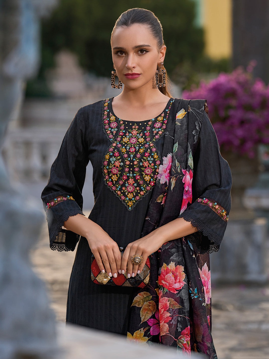 Indo Era Black Embroidered Straight Kurta Trousers With Dupatta set