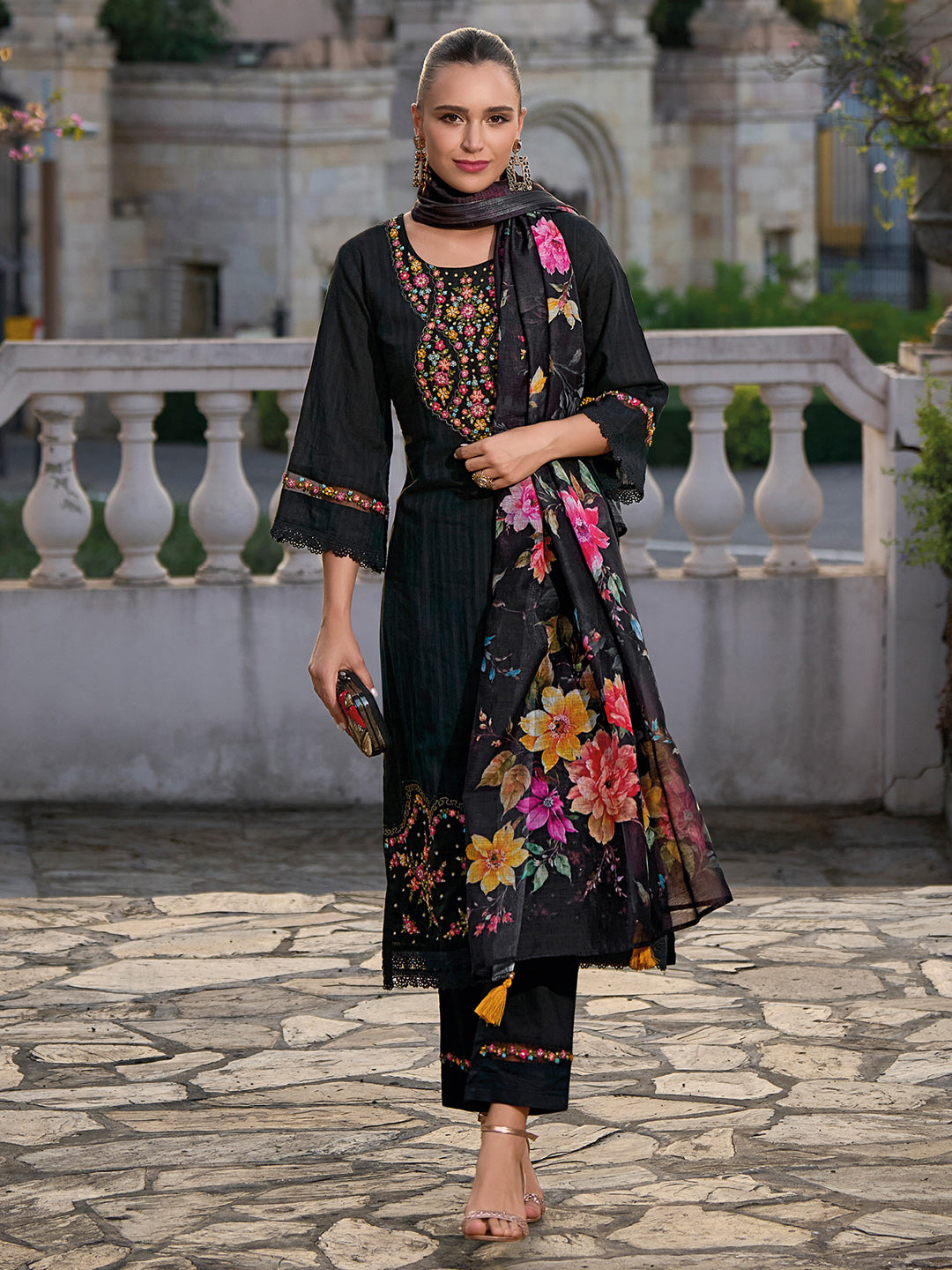 Indo Era Black Embroidered Straight Kurta Trousers With Dupatta set