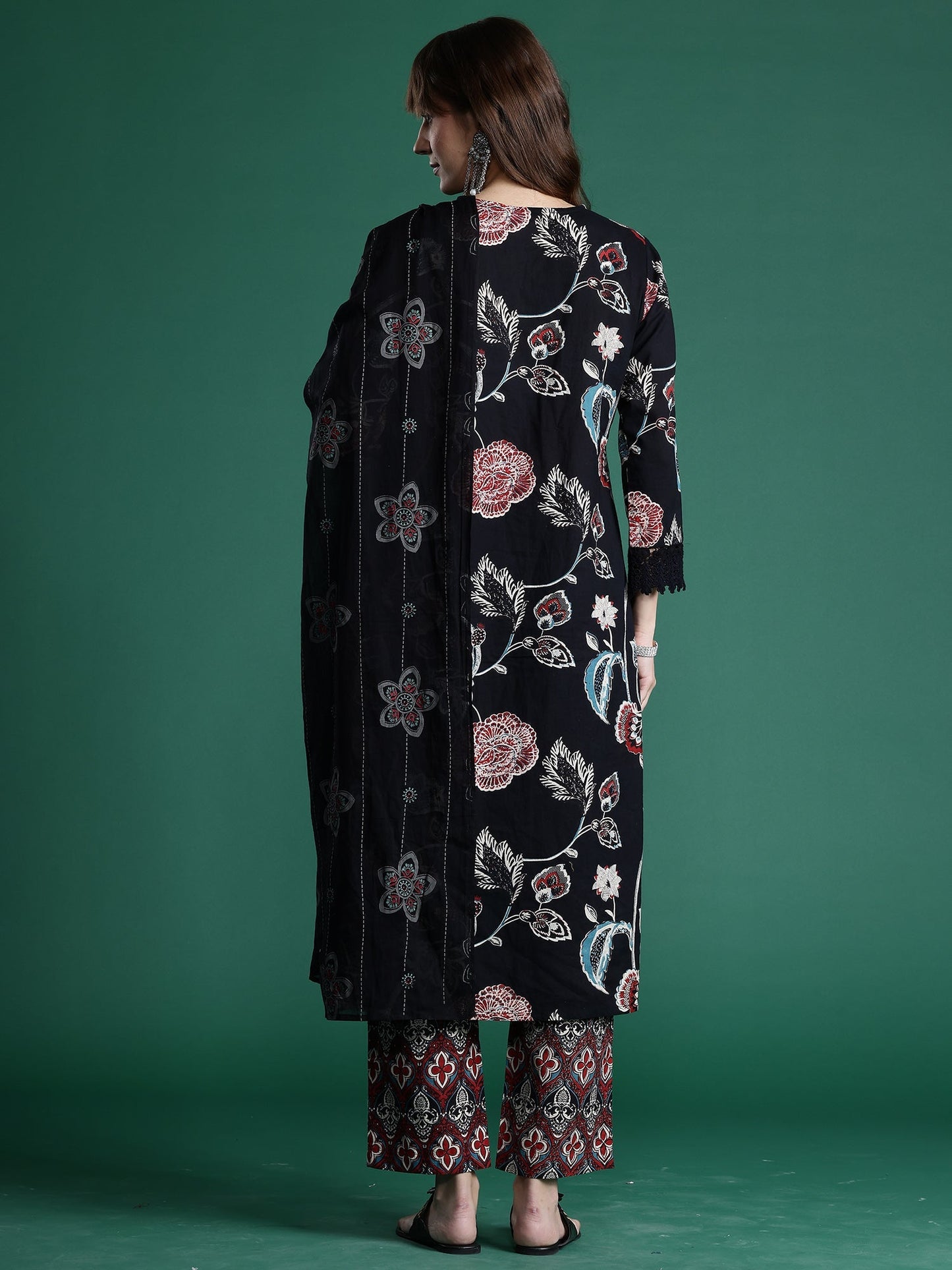 Indo Era Black Printed Straight Kurta Trousers With Dupatta Set