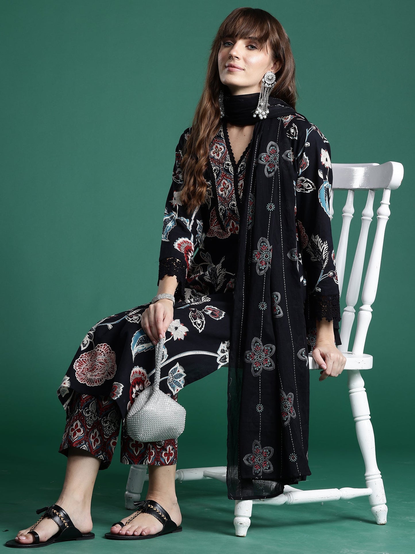 Indo Era Black Printed Straight Kurta Trousers With Dupatta Set
