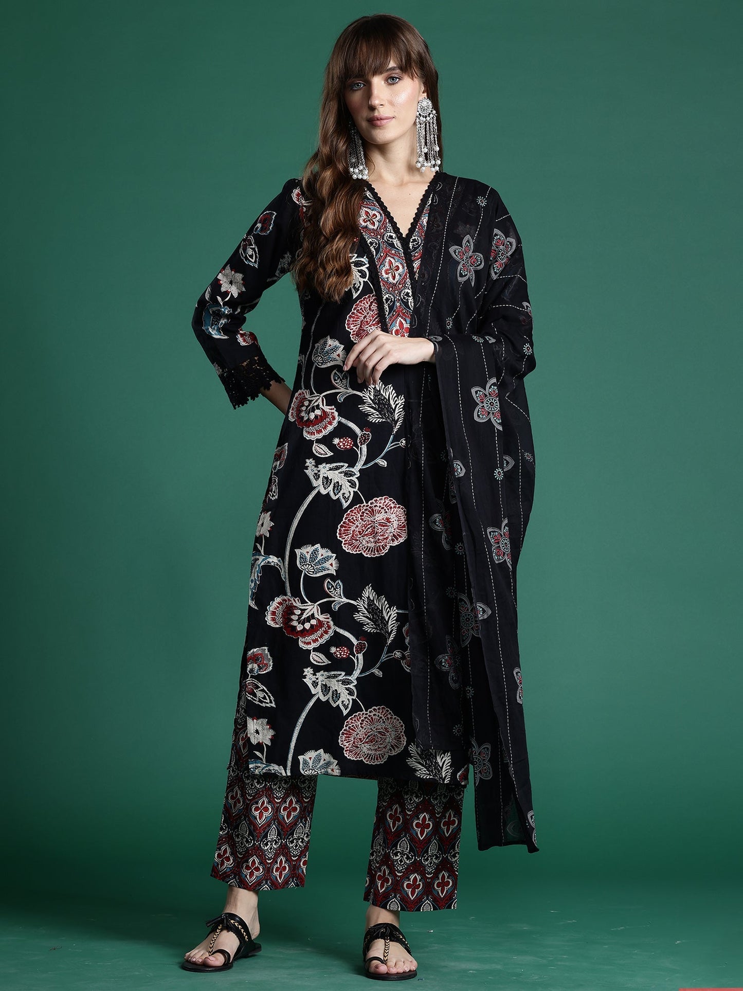 Indo Era Black Printed Straight Kurta Trousers With Dupatta Set