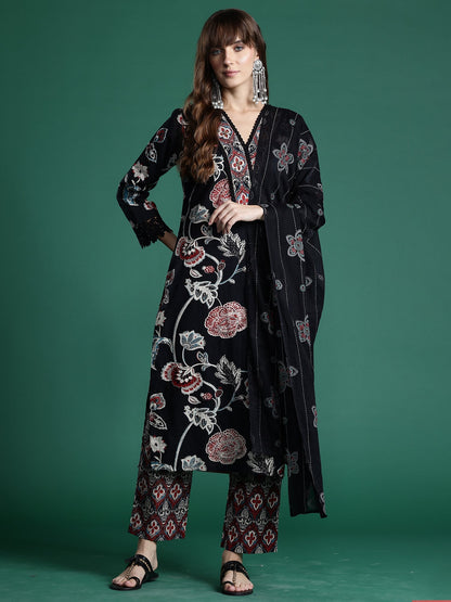 Indo Era Black Printed Straight Kurta Trousers With Dupatta Set
