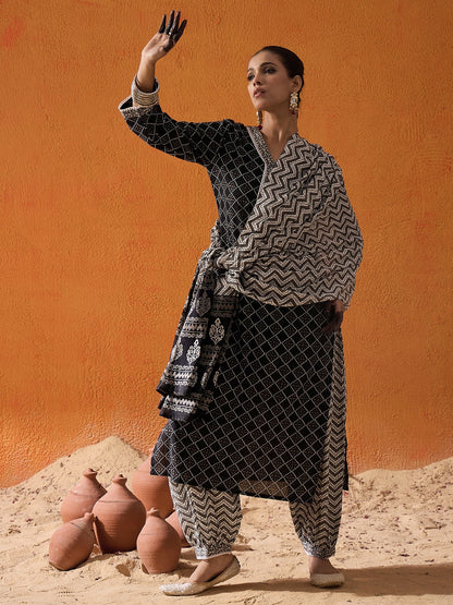 Indo Era Black Printed Straight Kurta Salwar With Dupatta set