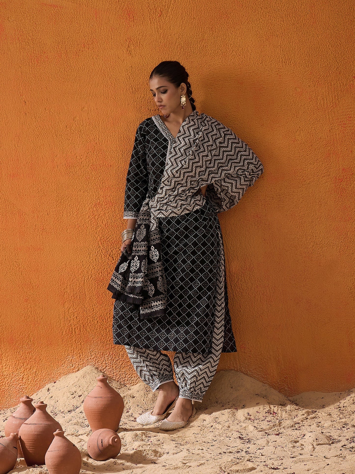 Indo Era Black Printed Straight Kurta Salwar With Dupatta set