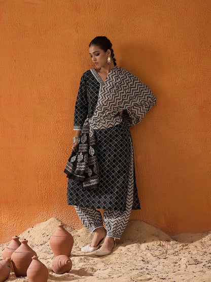 Indo Era Black Printed Straight Kurta Salwar With Dupatta set