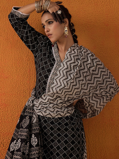 Indo Era Black Printed Straight Kurta Salwar With Dupatta set
