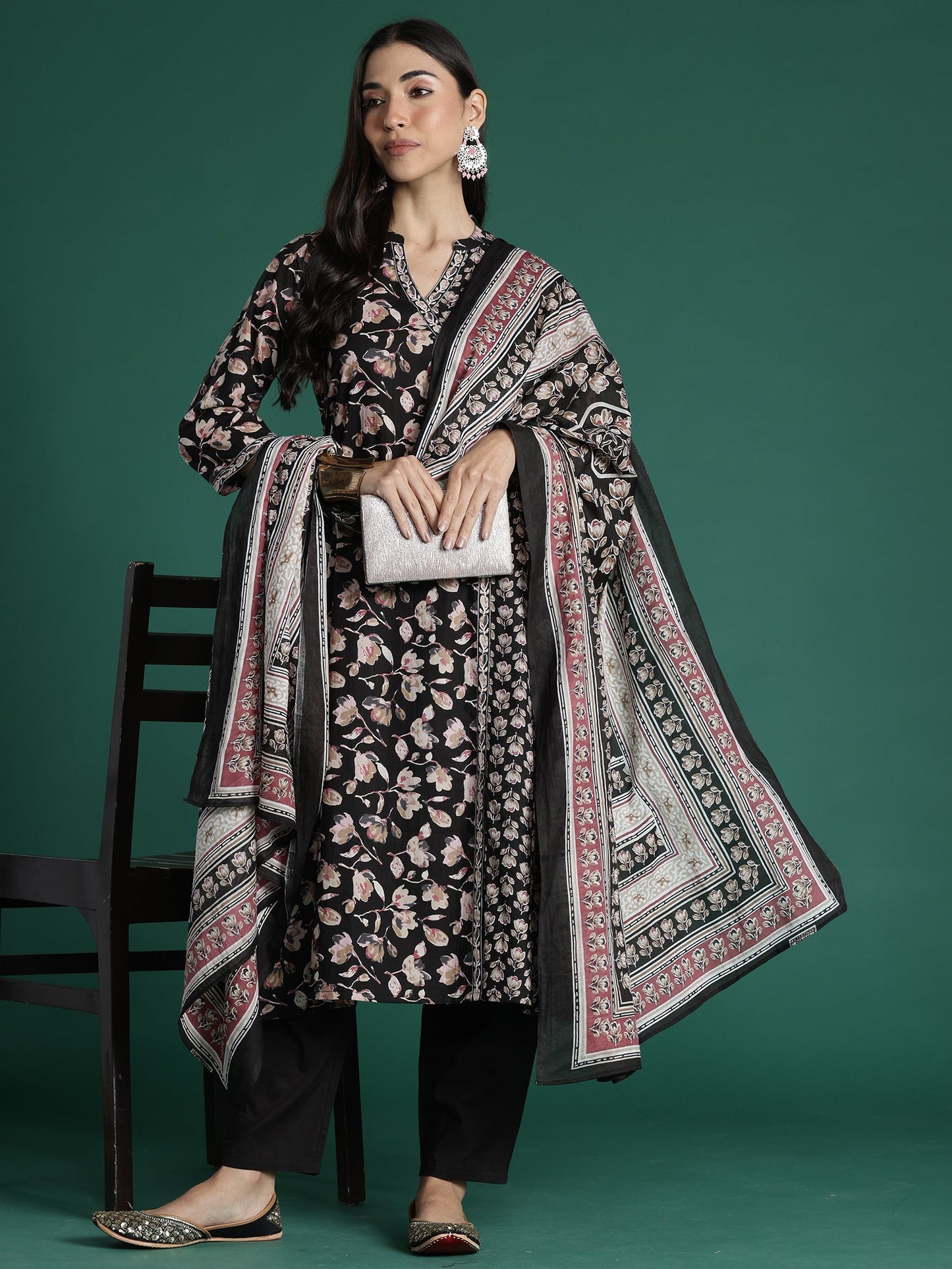 Indo Era Black Printed A-Line Kurta Trousers With Dupatta set