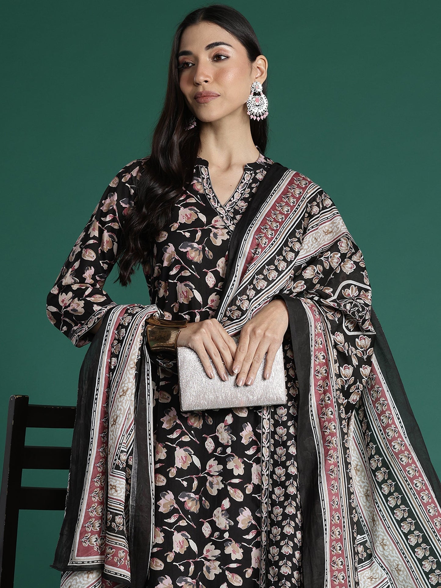 Indo Era Black Printed A-Line Kurta Trousers With Dupatta set