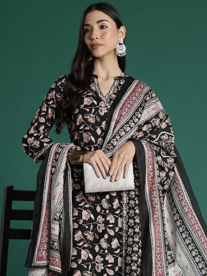 Indo Era Black Printed A-Line Kurta Trousers With Dupatta set