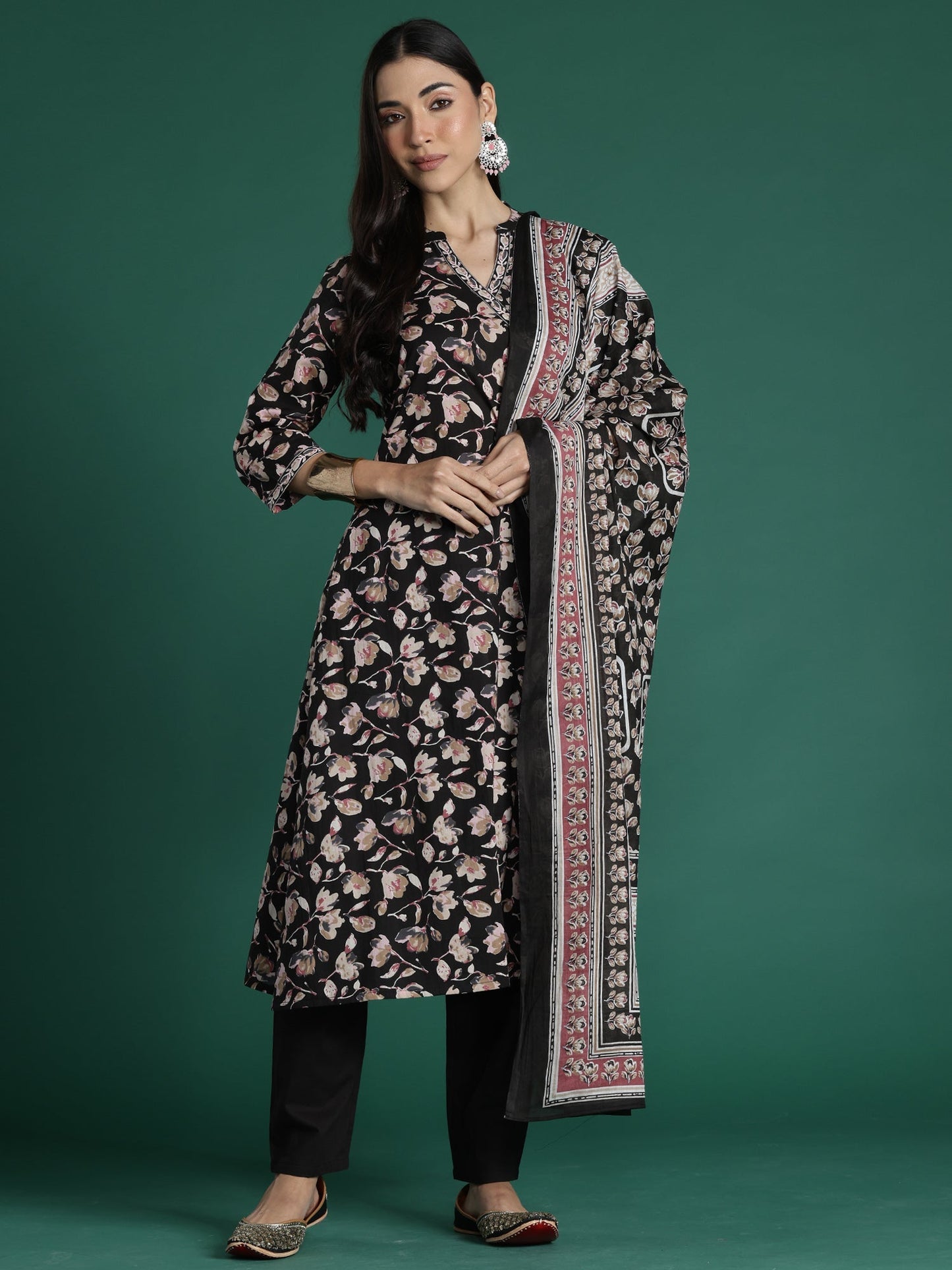 Indo Era Black Printed A-Line Kurta Trousers With Dupatta set