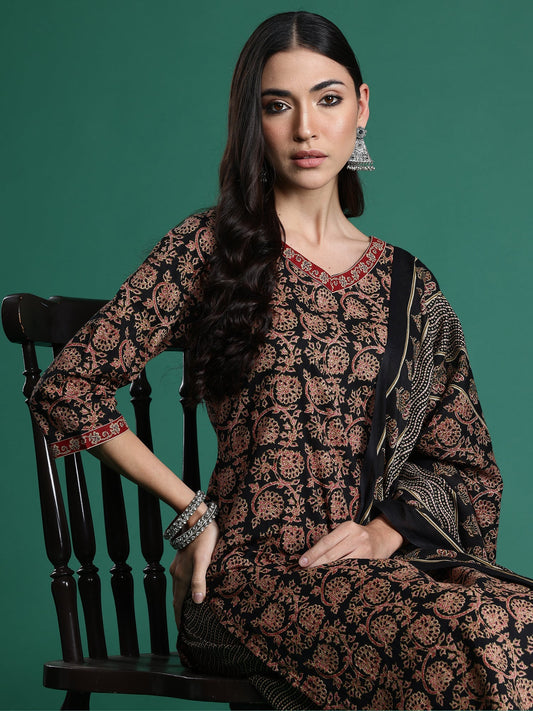 Indo Era Black Printed Straight Kurta Trousers With Dupatta Set