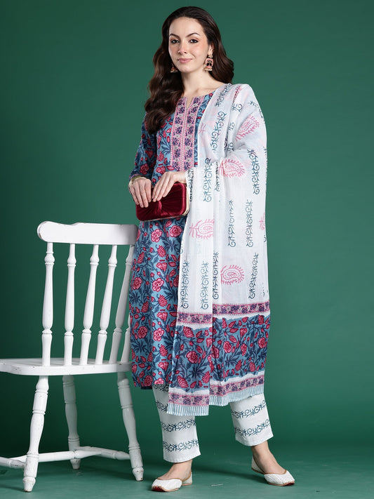 Blue Printed Straight Kurta Trousers With Dupatta Set