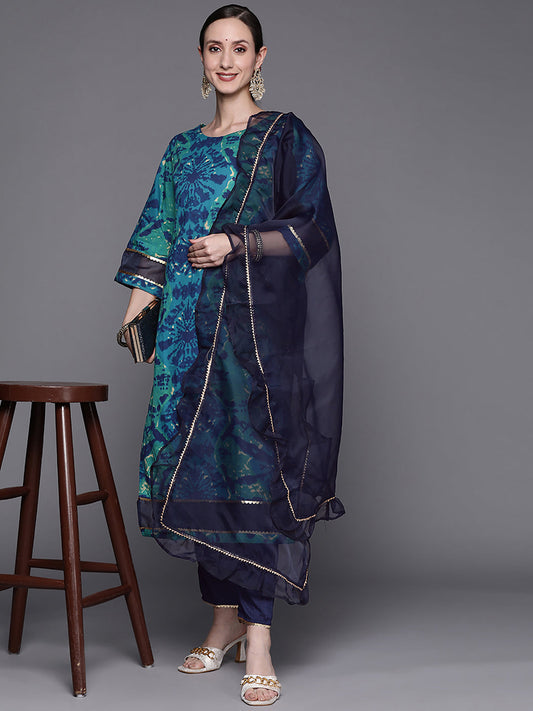 Indo Era Blue Tie & Dye Straight Kurta Trouser With Dupatta Set