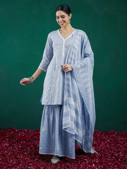 Indo Era Blue Printed Straight Kurta Sharara With Dupatta set